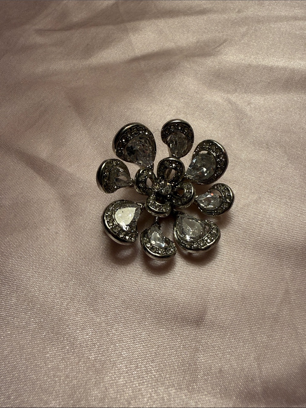 Crystal Flower Brooch Pin in Silver Tone